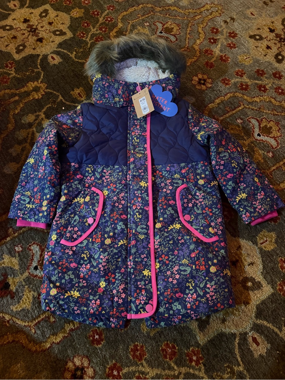 NWT Mini Boden Navy Floral Puffer Coat with Pink Trim and Faux Fur Hood
